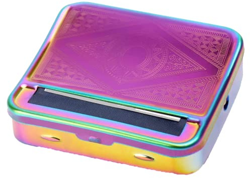 Glamified - Automatic Rolling Tin Cigarette Machine Portable Metal Box for Rolling Tobacco, Smoking Roller and Storage Case (Rainbow)