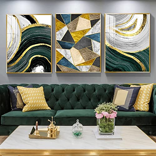 FSLEOVN Leinwand Bilder Marmor Grün Golden Fluid Kunst Wandbild Nordischer Abstrakte Marmor Poster Bilder Wohnzimmer Dekor Rahmenlos (50x70cm)