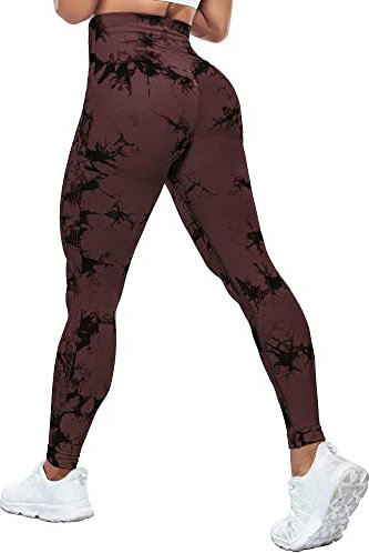 Yaavii Gym Leggings Damen High Waist Push Up Booty Hose für Yoga Fitness Gym Workout Tie Dye Rot Braun S