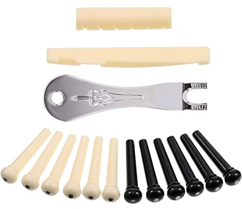 JEOPKO 15 pcs acoustic guitar bridge pins, pins Puller Pulling Remover Extractor Tool with Saddle Nut,Acoustic pegs nut files (ivory and black