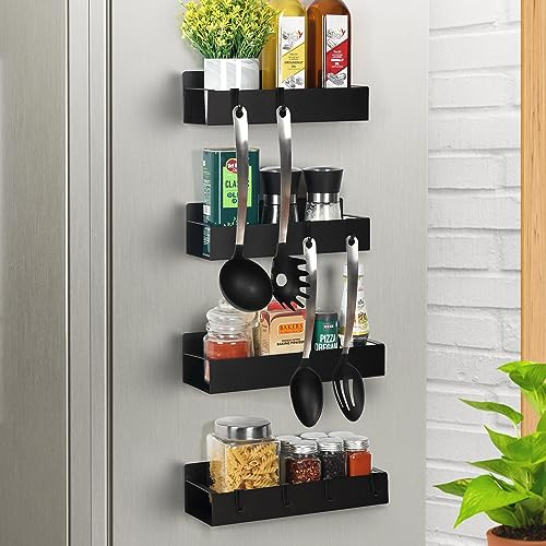 Winter Shore Kühlschrank Regal Magnetisch [4 Stück] - Starke Schwarze Magnetische Gewürzregale mit Haken für Kühlschrank & Mikrowelle - Platzsparende Magnetische Regale zur Gewürzaufbewahrung