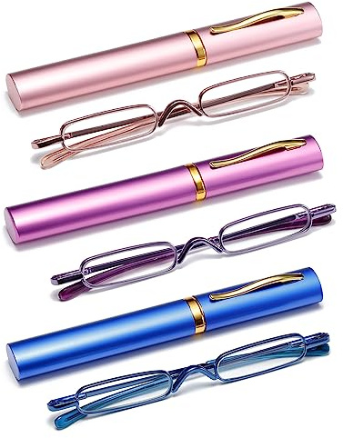 OWTXIS 3er-Pack Mini Schlanke Stift-Lesebrille - Kompakte Lesegeräte mit Stiftclip-Etui Federscharnier Metallrahmen Brillen (Rosa, Lila, Blau, +2.00)