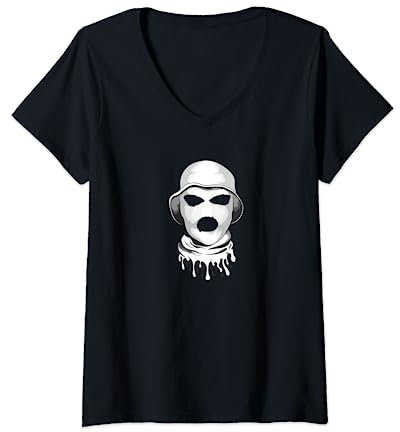 Damen Weiße Ski Maske, Skihaube t shirt Motiv, Vermummung Maske T-Shirt mit V-Ausschnitt