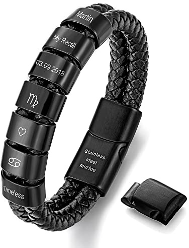 murtoo Bracelet homme personnalisé en cuir noir avec gravure, bracelet gravé avec nom, fermoir magnétique en acier inoxydable, idée cadeau personnalisée pour homme (7 anneaux)