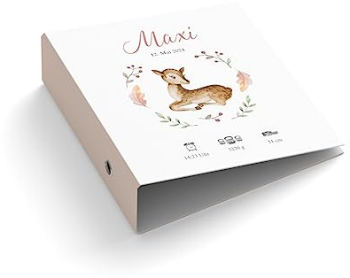 Ringordner | Ordner für Kinder | mit Name + Geburtsdaten personalisieren | Rehkitz | Mit Griffloch | für DIN A4 | 7,4 cm breit | Blumen | Reh | Geburt | Baby | rosa