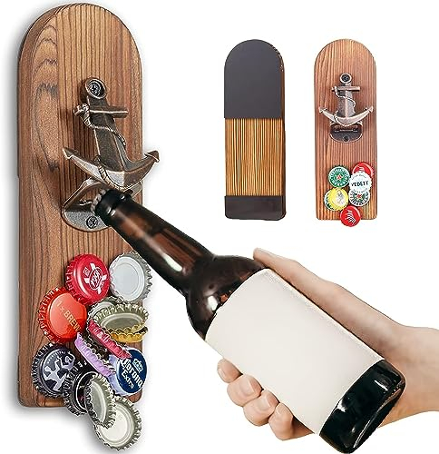 LUCYLANKER Wooden Zinc Alloy Magnetic Wall Mounted Bottle Opener with Cap Catcher, Vintage Beer Gifts for Men, Man Cave Decor, Gifts for Men and Beer Lovers