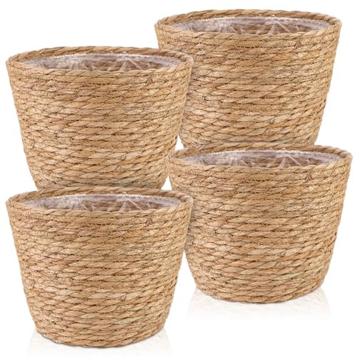 Lot de 4 grands paniers de fleurs en jonc de mer tissé avec doublure en plastique pour intérieur et extérieur (30,7 x 24,8 x 24,8 cm)