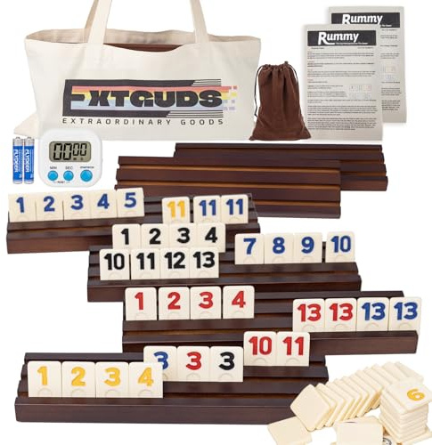 Extguds 6 Player Rummy Cube Game Set, Classic Large Tiles Rummy Cube Game, with 6 Wooden Racks/Trays, 160 Rummy Tiles, Portable Canvas Bag, 1 Timer, 1 Storage Bag,for Family and Party