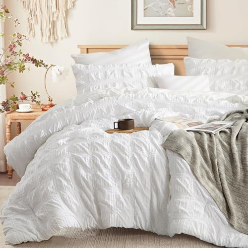 Tospass Seersucker Bettwäsche 200x200 3Teilig Weiß Geprägt Gebürstet Microfaser Aesthetic Bettwäsche-Sets Weich Kuschelig, 1 Bettbezüge 200x200 und 2 Kissenbezüge 80x80 mit Reißverschluss