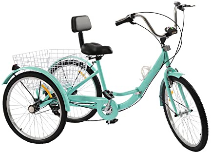 24 Zoll Dreirad für Erwachsene, 7 Gang Klappdreirad mit Einkaufskorb, Faltbares Dreirad mit Getränkehalter und Licht, 3 Räder Fahrrad, Cruise Bikes, Seniorenfahrrad für Reisen, Einkaufen (Türkis)