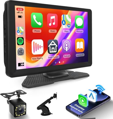 Hodozzy Wireless Car Stereo with Carplay & Android Auto,Portable Carplay Screen 9 inch Touch Screen Car Audio,Bluetooth Car Radio with Camera FM Type-C/AUX/TF/EQ, Car play Display Screen for Car