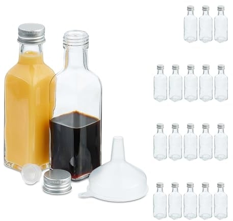 Relaxdays Mini Bouteilles en Verre, Lot de 20, Petites fioles à remplir, 100 ML, Bouchon à vis, Transparent/argenté