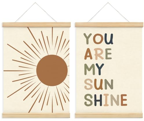 PLKMN You Are My Sunshine Wanddekoration, 2er-Set, für Kinderzimmer, neutral, Boho-Sonne, Wandkunst-Poster gerahmt mit Holzaufhänger, Kinderzimmer-Wandkunst, 30,5 x 40,6 cm