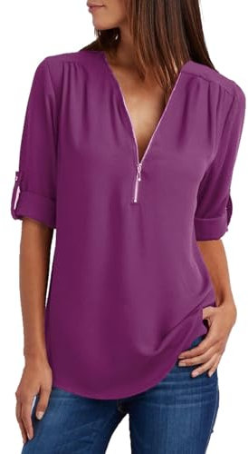ZIOOER Donna Camicetta Camicie a Maniche Lunghe Eleganti con Cerniera Tunica V-Neck Bluse Camicie Tops Lilla L