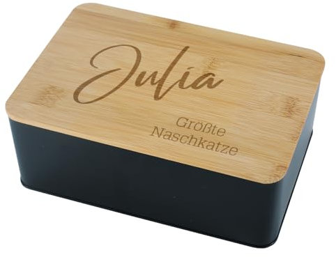 Herz & Heim® Aufbewahrungsdose mit Bambusdeckel und personalisierter Gravur (Name & 2 Zeilen Wunschtext)