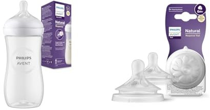 Philips Avent Biberon à Réponse Naturelle de 330 ml, sans BPA & Avent Lot de 2 tétines pour biberon à Réponse Naturelle 0% BPA, Débit 6 liquides épaissis pour Bébé de 6 mois + (modèle SCY966/02)