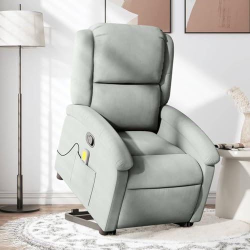 Homgoday Massagesessel mit Aufstehhilfe, Aufstehsessel, Relaxsessel mit Liegefunktion, Fernsehsessel, Ruhesessel, Liegesessel, TV Sessel für WohnzimmerHellgrau Samt