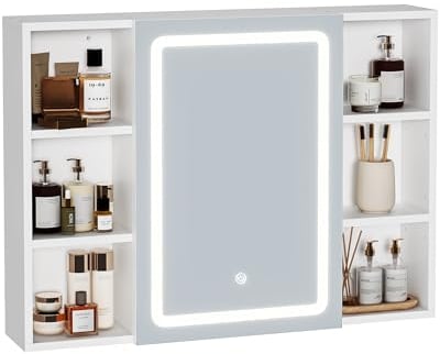Armoire Miroir de Salle de Bain, avec LED, Meuble Mural Toilette Rangement avec 4 Étagères Ouvertes Latérales Réglables, Prise et Éclairage Orientable avec Interrupteur Tactile, 15 x 60 x 80 cm, Blanc