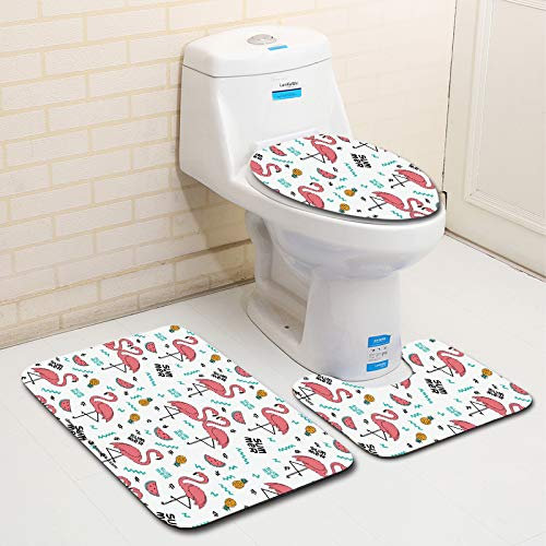 Bad Teppiche Set 3-Teiliges Pink Flamingo Ananas WC Vorleger Mit Ausschnitt Badematte Saugfähig WC Deckelbezug Badvorleger rutschfest Waschbar Toilettensitzbezug Badgarnitur (50x80cm)