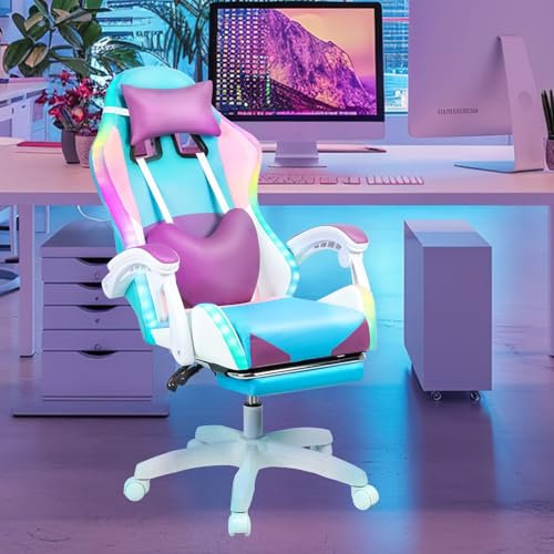 sexaoalx Gaming Chair with RGB LED Lights, Girl Video Chair Ergonomic Computer Chair with Massage and Footrest Reclining Video Game Chair for Adults with Adjustable Lumbar Support Purple