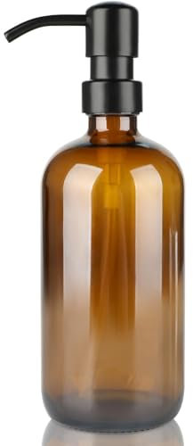 450ml Glass Dispenser 1 Pack Amber Liquid Dispenser Bottle Refillable Hand Soap Dispenser with Rust Proof Stainless Steel Pump,Clear Kitchen Soap Bottle for Dish Soap Hand Soap Lotion