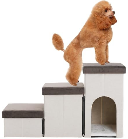 Escalera plegable 3 en 1 para perros con espacio de almacenamiento para cama, sofá, 44 cm de altura, escaleras para mascotas Samll, color beige