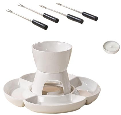 ccuzs Ceramic Fondue Set, Candle Powered Fondue Maker Set, Chocolate Fondue Set with with Fork and Tray, Interactive Family Fondues Kit 9.96x9.96x4.72 Inches for Cheese, Chocolate, Candy