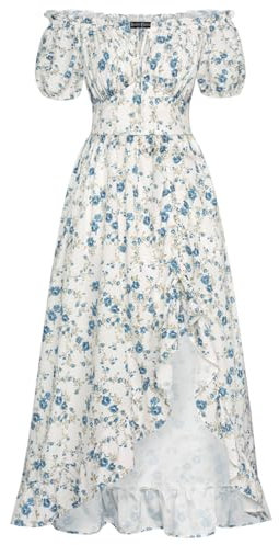 Damen Mittelalter A-Linie Kleid Kurzarm Square Neck Blumen Rüschenkleid mit Taschen Blau Blumendruck auf Weiß L
