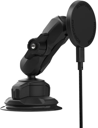 Rokform Wireless Car Charger, Magnetic Windshield Phone Mount, Twin Ball Adjustment 360° Rotation, Compatible with Mag Safe Cases, Strong Suction Cup, USB-C to USB-C Cable Included (Black)