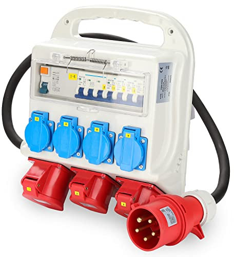 Hebitod Wandverteiler, 2 x CEE 400V/16A + 4 x 230V Schuko IP44 5-poliger Verteiler, Baustellenverteiler 32a, mit kabelsicherem Klappdeckel, mit RCCB-Schalter, mit 1,2 m Zuleitung, für Baustellen