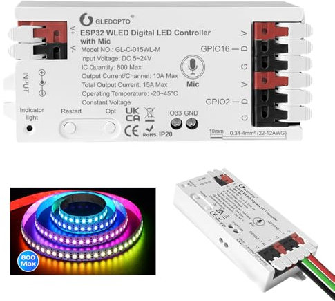 GLEDOPTO ESP32 WLED LED Strip Controller mit Mikrofon 5-24V Musik Dynamischer Modus RGB IC DIY Beleuchtung App Control Strip Licht für WS2811 WS2812 SK6812 TM1814 WS2813 WS2815 (015WL mit Mikrofon)
