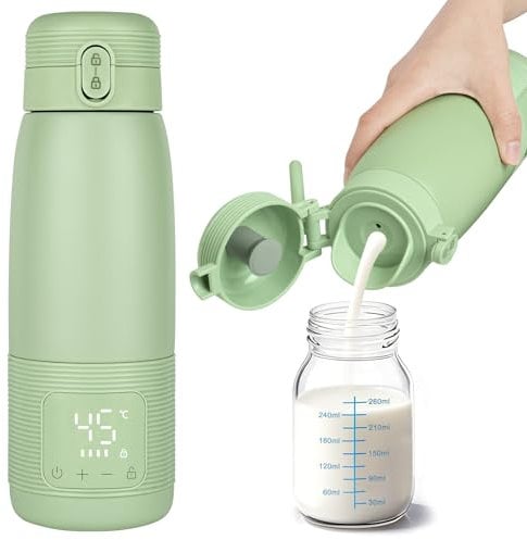 Aolso Portable Bottle Warmer for Travel,500ml Baby Milk Warmer for Breastmilk, Formula or Water,Fast Heating & Long Battery Life,USB Charging,Baby Flask for Vehicle, Car, Airplane Journey-Green