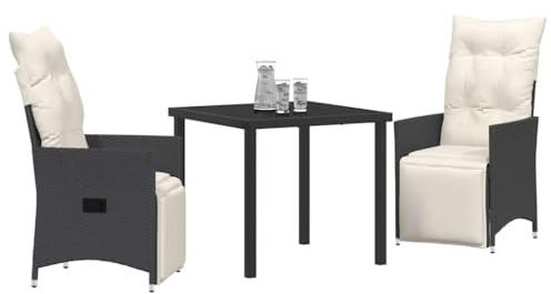 vidaXL Garten Essgruppe mit Kissen 3 pcs Schwarz Poly Rattan, Garten und Terrasse, modernes ESS-Set für die Terrasse, leichtes, stabiles Outdoor-Möbel für den Garten