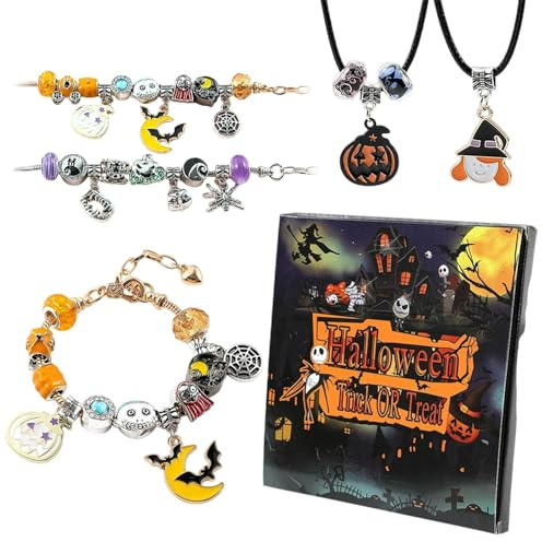 BOSSETY Halloween Adventskalender 2025, Halloween Totenkopf Kürbis DIY Perlenkette, 20 zufällige Schmuckaccessoires+2 Armbänder+1 Halskette, Halloween-24-Tage-Countdown-Blindbox-Kalender-Armband-Set