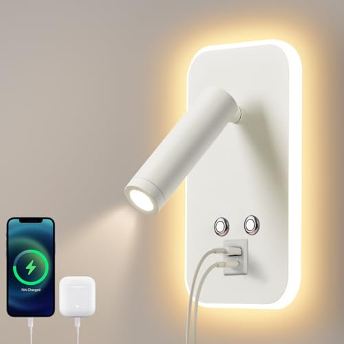 AWEKLIY Lámpara de lectura de pared, 3W+7W, lámpara LED de pared Con interruptor táctil de atenuación y puerto de carga USB A+C, 320 ° cama giratoria lámpara de lectura dormitorio hotel (Blanco)