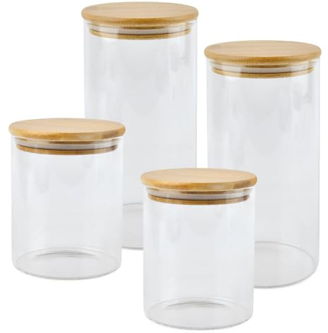 POUMUE Lot de 4 Bocaux en Verre Hermétique,800/1200ml Bocal en Verre avec Couvercle en Bambou,Pot en Verre avec Couvercle Bocaux de Conservation,Bocal en Verre Hermétique pour Céréales,Haricots,Épices