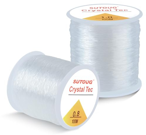 SUTOUG Filo Elastico per Bracciali, 2 Bobine 0,8mm e 1,0mm Filo Elastico Cristallo per Perline di Braccialetti, Gioielli, Fai da Te, Bracciali, Collane, Bianco (200M) | Cordoncini elastici per perline, ideali per la creazione di bracciali, gioielli, perline, collane e artigianato