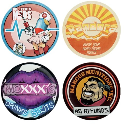 Borderlands Metall-Untersetzer, 4er-Set, offiziell lizenzierte Gaming-Barware, 89 mm mit Korkboden, einzigartige Designs für Fans & Sammler