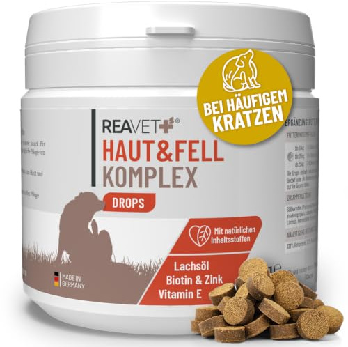 ReaVET Haut & Fell Drops – Leckerli für Hunde, die Sich häufig kratzen – Hundesnack mit Lachsöl & Biotin, sowie mit hautberuhigenden Inhaltsstoffen aus Teufelskralle & Kokosöl 350g (160 Stück)