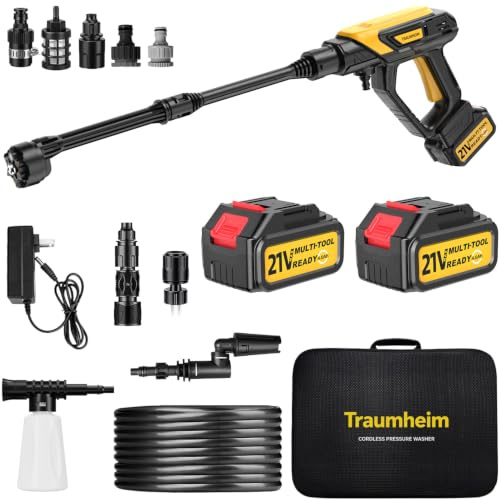 Traumheim Akku Hochdruckreiniger 21V, 68 Bar, 2X 4000mAh Akkus,Schwarz | Bürstenloser Motor, 180°/360° Drehdüse, 6 in 1 Düse, Flaschenanschluss, Verlängerungsstange