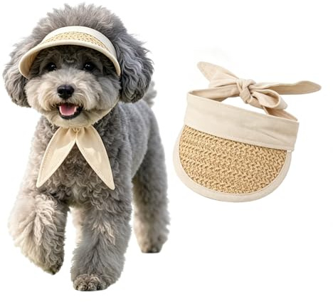 KOQAIIZ Sombrero de Paja para Perros Pequeños, Gorra de Sol Ajustable con Correa Beige para Mascotas, Protección Solar y Accesorios para Perros Verano