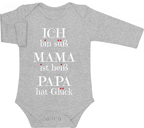 Baby Body Langarm - Süßer Spruch - Ich Bin süß, Mama ist heiß, Papa hat Glück Geschenk Langarmbody Baby Mädchen - Geschenke für Mama - Baby Strampler 6-12 Monate Grau