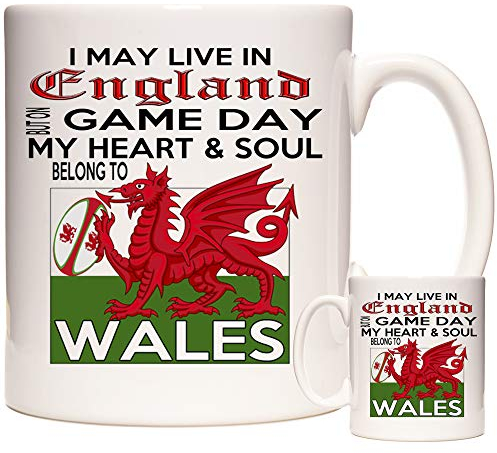 Welsh Rugby Mug. I May Live in England but on Game Day My Heart and Soul Belong to Wales. Gift Mug for Fans of Welsh Rugby. 11oz Ceramic Mug
