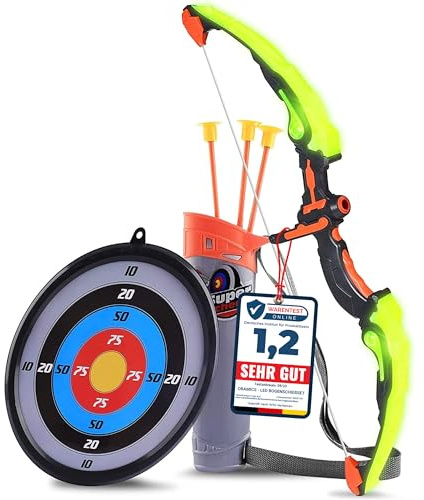 Oramics Bogenschießen Kinder Set [MIT LED LICHT] – Pfeil und Bogen für Kinder mit Zielscheibe & Saugnapf Pfeile – Outdoor Spielzeug & Garten Geschenk für Jungen & Mädchen (Leuchtend)