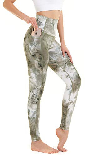 AMYTIS Sport Leggings Damen High Waist Yogahose mit Taschen Lang Sporthose Blickdicht Leggins Fitness Bunt Sportleggins,S Grün