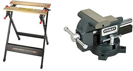 BLACK+DECKER WM301, Banco de Trabajo Workmate Bambú y Acero, Diseño Compacto, Carga Máxima 160 kg, Stanley 1-83-065, Tornillo de Banco de Carga Ligera Maxsteel 100 mm, 25.9 x 13 x 16.5 cm