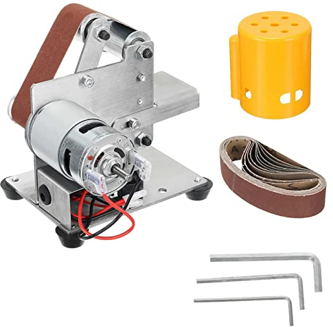 Boyuan Mini Levigatrici a Nastro, Micro Affilacoltelli Elettrico, Levigatrice Multifunzione con 3 Chiavi, 10 Nastro di Sabbia, 7 velocità Regolabili, per Fai da Te Metallo Legno Alluminio