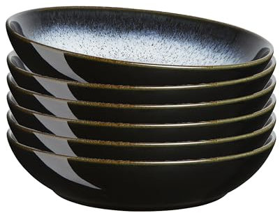 Denby - Halo Coupe Pasta Bowls Set of 6-35.5 Ounce Reactive Glaze Dishwasher Microwave Safe - Scratch Chip Resistant - Grey, Black Ceramic Stoneware Tableware