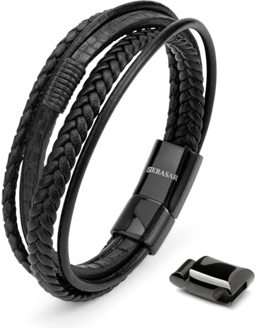 SERASAR Armband Männer Leder Schwarz 17cm - Armband Herren Lederarmband Männerarmband Leder-Armreif Herren-Lederband Herrenschmuck Armkette Leder-Wickelarmband Leder-Kette Leather Bracelet Geschenk