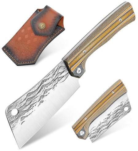 Freelander Hackmesser Japanisch Outdoor Klappmesser aus 4Cr13 stahl, Küchenmesser Fleischmesser Extrem Scharf mit G10 Griff, Kochmesser Ausbeinmesser mit Scheide für Camping, Grill, Gelb
